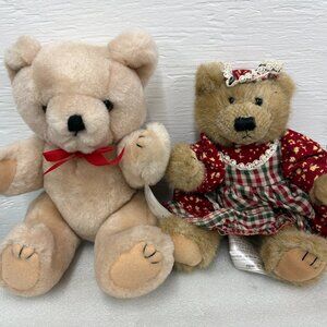 Vintage Cottagecore Teddy Bear Duo Rustic Charm Prairie Dress Hat
